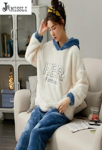 JRMISSLI Women Sleepwear Pyjama Suit Thick Warm Cute Sleepingwear Coral Fleece Pajamas Lace Hooded Lady Flannel Homewear8439994