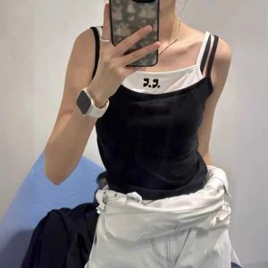 New Ningyizhuo Same Style Contrast Color Splicing Fake Two Piece Short Tank Top with Hanging Straps for Women