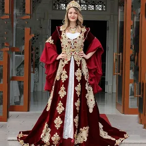 Elegancki turecki kaftan burgundowy aksamitne sukienki wieczorowe złote koronkowe aplikacje Kurtka z długim rękawem arabsko -muzułmański kaftan