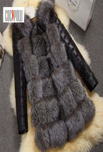 Kobiety Faux Fur Płot Pu Sleeve Połysany przycisk Zakryty 2018 Kobieta fałszywa futro ciepła kurtka Gilet Chalecos de Pelo Mujer S3l Size4935019