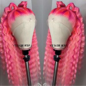 New pink color loose curly synthetic Lace Front Wigs Pre Plucked Perruque Frontal Brazilian Wig For Black Women Bleached Knots Lstxv