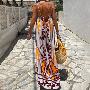 Womens Fashion Printed Vacation Maxi Dress Spring Sexy Square Collar Loose Long Summer Backless Laceup Sling Boho Dresses 240524