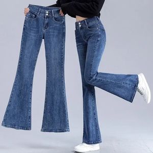 Kvinnor jeans blå flare byxor höga midjor byxor för kvinnor klocka botten blossade japanska y2k medium tvättade kläder z 240601