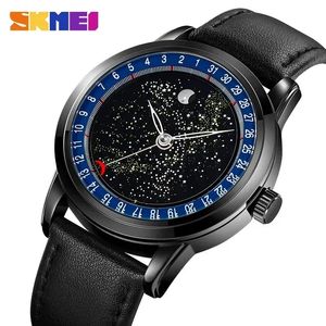 Skmei 2116 Mens عرضية حزام جلدية حقيقية تاريخ Wristwatch Reloj Hombre Fashion Starry Sky Moon Watches 240521