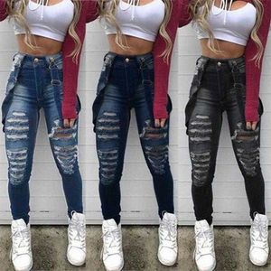 Women's Jeans Womens Jeans Retro Suspender Denim Overalls for Women Ripped Hole High Waist Skinny Pencil Pants Woman Destroyed Long Strap Jean Pant8fij