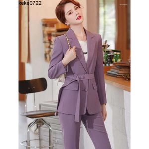 Kvinnor Tvåbitar byxor Kvinnor Purple White Blue Ladies Pant Suit med Sashes Female Single Breasted Formal Blazer and Byxor Set For