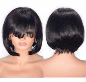 Perucas dianteiras de renda brasileira 130 densidade 8 polegadas Cabelo humano virgem curto straight wig com bangs3337100