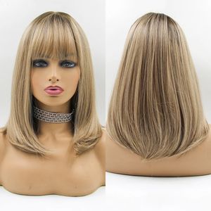 Short straight Bob wig with bangs Ombre brown gold natural synthetic hair suitable for womens daily role-playing heat-resistant fiber wig 240523