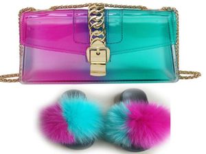 Real Fox Slides And Transparent Jelly Purses Women Shoes ry Slippers With Bag Match Extra y Sandals And Handbags8601830