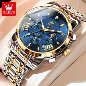 Olevs Mens Watches Top Brand Multifunctional Chronograpl Owatch Orologio in quarzo originale per uomo Data luminosa impermeabile Moon 240528