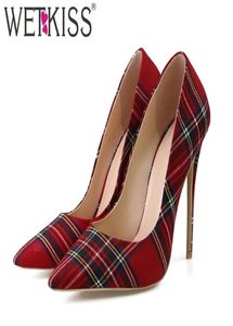 Wetkiss Big Size 3345 Stiletto Heel Pumps Red Plaid Plaid Shoe Shalow High Thin Thin Barty Wedding Shoes Y2003237411567
