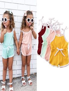 Retailwhole girl Candy Bow Strap jumpsuits skinny girls kids cotton onepiece onesies Jumpsuit 4 colors children design cloth9187079