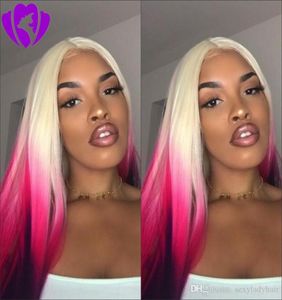 Lång rak blondin ombre rosa peruker syntetiska lila spets framkong för kvinnor värmebeständigt hår cosplay party frisyr3636939