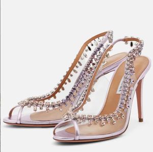Aquzturas PVC Designers Womens Sandals Temptation Crystal Sandals Heels Heels Critta Buckle Party Wedding Dress Shoes Shoes Heel Sexy Back Str7477699
