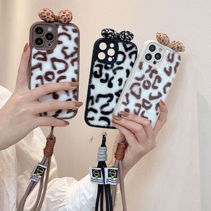 Korea Winter Warm Lopard Print Plush Case na iPhone Pro Max X XR XS plus d Bow Miękka okładka