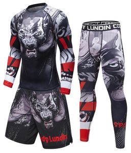 Helt nya Men039S -spårning 3D -tryck Tätt hudkomprimering Sport Suit Män MMA Rashguard Body Building Top Fitness Sports Set3901181