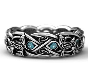 925 Sterling Silver Celtic Wolf Ring مع Topaz Fashion Viking Wolf Stainsal Steel Band Band Band Jewelry Size 6132308173