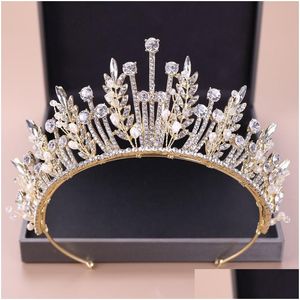 Headpieces Kmvexo Baroque Luxury Bridal Crystal Leaf Crowns Princess Queen Pageant Prom Pearl Veil Tiaras Headband Wedding Hair Acce Dhep5