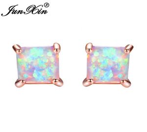 junxin greenbluewhite fire opal stud earrings for women rose gold fill square earrings princess cut brirtstone earringギフト7933821