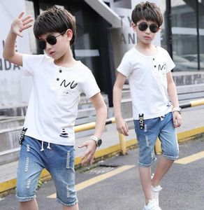 Novos ternos esportivos adolescentes de verão para meninos vestidos de manga curta camiseta jeans casual 5 7 9 10 12 13 anos roupas de menino infantil x01378584