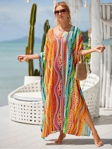 Boho tryckt kaftan casual sommarkläder 2024 Kvinnor plus storlek Vneck Batwing Sleeve Beach Wear Maxi Dresses Robe Sarong Q1476 240518