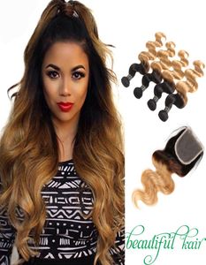 Ombre brasiliansk jungfru kropp Wavestraight Hårblond spetsstängning med buntar 1B27 Ombre Human Hair Bundle spetsstängning6651094