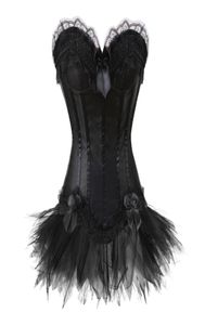 Women039S Sexy Black Overbust Corset and Dress Satin Bustier med spets minikjol midja cincher underkläder S2XL4323366