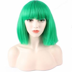 Green Short Straight hair Fashion lady Sexy Natural Fluffy Role playing wig Synthetic short hair Bob short hair White women wig Ideal f Ecrf