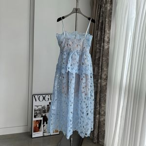 Designer Dress New summer 2024 Mist Blue Heavy Industry Lace Flower Diamond Sling Cake Dress