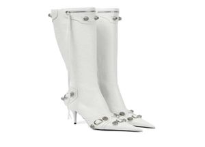 Cagole stud buckle embellished texturedleather knee boots side zip shoes pointed Toe stiletto heel tall boot Run way luxury desig3044748