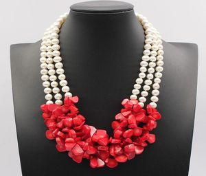 GuaiGuai Jewelry 3 Strands Natural White Potato Round Pearl Red Coral Necklace Handmade Ethnic style For Women8989634