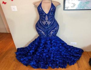 2020 Royal Blue Mermaid Prom Dresses See Through Sparkly Sequins Deep V Neck Halter 3d flower African Cheap Formal Evening Party G8350567