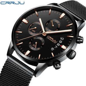 Crrju New Men's Calander Waterproof Sport Wristwatch med Milan Strap Army Chronograph Quartz Heavy Watches Fashion Man Clock Y19 227A