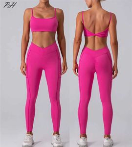 Yoga outfit 2st yoga set naken känsla träning set kvinnors ban- och fält kostym gym push ups kör träning sportkläder sport bh ben set t240601