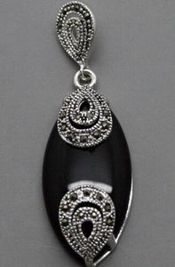 Vintage 18mmX40mm Marcasite Black Agates 925 Sterling Silver Drop Pendant2214968