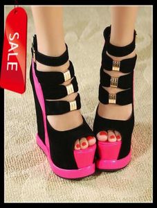 Kvinnor Stylish Color Bump Black With Pink Sandals Super High Platform Wedge Heel Sandaler Storlek 345200376