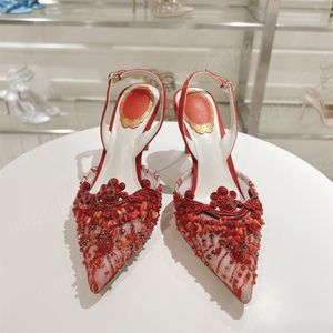 Rene Caovilla Lace heels Designer Gemstone Crystal Decorated Lace Woven Sandals Stiletto Women's Evening Dress Shoes 7.5-9.5cm Women's Slingback Heels size 34-43