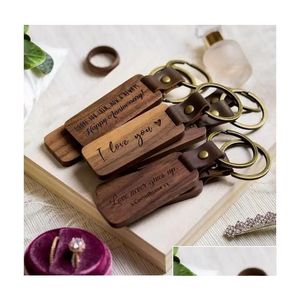 Keychains & Lanyards Personalized Leather Keychain Pendant Beech Wood Carving Lage Decoration Key Ring Diy Fathers Day Couple Gift Wh Dhshx