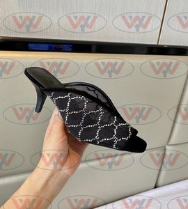 2022 Women039S Slingback tofflor Slieds Sandaler Slingback Shoes Presenterade svart nät med kristaller glittrande storlek 35428725374