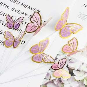 10pcs Stamping Gold Pink Butterfly Cake Toppers Princess Girl Wedding Happy Birthday Party Decor Dessert Cake Decor Butterfly