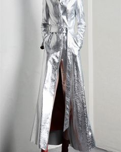Women039s Trench Coats Lautaro Spring Autumn Long Silver Shiny Reflective Pu Leather Trench Coat for Women With Hood Luxur1882769