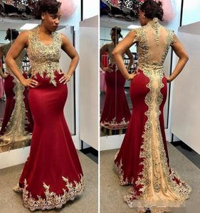 2019 South African Evening Dresses with Gold Lace Appliques Dark Red Mermaid Prom Gowns Sheer Back Sweep Train Formal Party Dress1951368