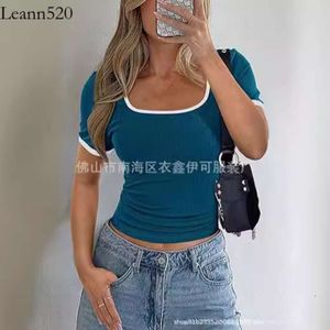 Frauen im Sommer kurzärmeliges T-Shirt für Frauen mit geripptem Strickhals und farblich passende schlanke Fit Basic Casual Top