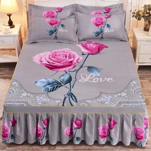 WASART Pink Rose Flower Printed Bed Kirt Par Wedding Bedstred 150/180 Bed Linens 2 People Luxury Double Side Sheet Size Size 240530