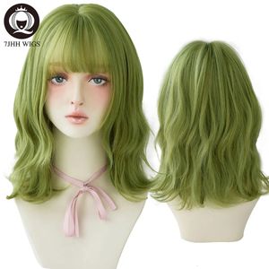 7JHH WIGS Olive Green Deep Wave Wig With Bangs For Women Party Delicate Cosplay Heat Resistant Synthetic Mid-length Female Wig 240527