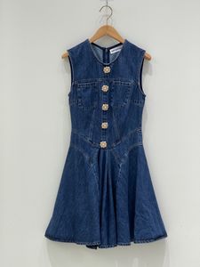 Designer Dress 24 new minimalist diamond button denim blue sleeveless waist cinching dress short skirt for women