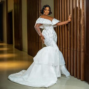 2024 Plus Size Mermaid Wedding Dresses for Bride With Detachable Train Bridal Gowns for African Black Women Rhinestones Decorated Wedding Gowns for Marriage D245