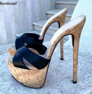 Rontic Handmade Women Mules Sandals Slippers Corkex Sexy Stiletto Heels Open Open Tee Elegant Black Disual Shoes Size 5202333517