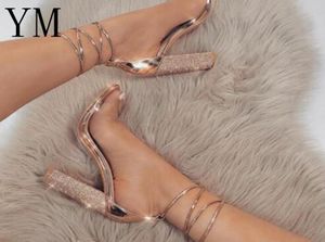 3COLOUR SEXY WOMENTALES HEELED SANDALS ضمادة ضمادة حزام الكاحل راينستون مضخات فائقة الكعب مربع مربع عالي الكعب سيدة كبيرة الحجم 43 Y2004057527856