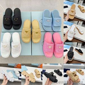 top quality with box sandals designer triangle sandale slippers women heels men slides fashion sandal Raffias Straw weave platform shoes beach pool flat Slipper